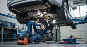 Mechanic checking fuel pump under lifted car