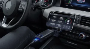 Bluetooth OBD2 scanner connected to smartphone showing live car data