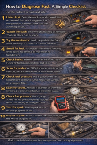 Realistic infographic showing a custom oil change planning checklist, including checking the owner’s manual for oil grade and specification, choosing synthetic oil, setting oil change intervals, following the oil life monitor, tracking oil level monthly, adjusting for driving conditions, and keeping maintenance records in a logbook.