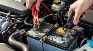 Car battery with jumper cables connected inside engine bay