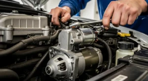 Mechanic inspecting car starter motor in engine compartment