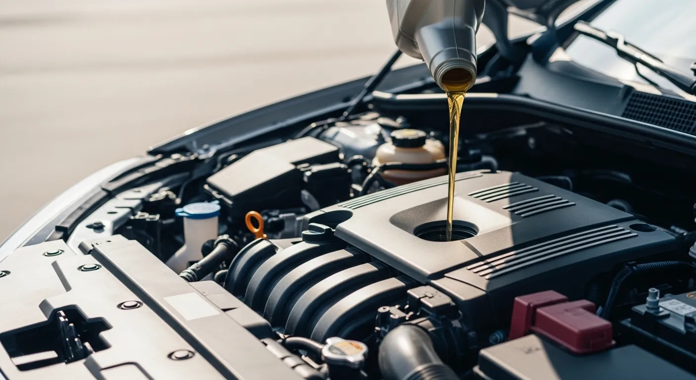 Fresh engine oil being poured into a modern car engine under open hood