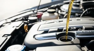 Pouring fresh engine oil into a modern car engine under open hood