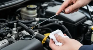 Checking car engine oil level using dipstick under open hood