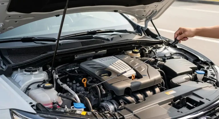Person checking engine oil under open car hood in a clean modern engine bay