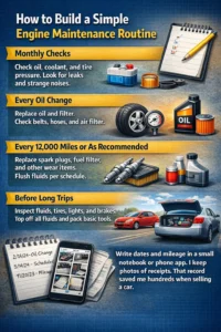 Infographic explaining a simple engine maintenance routine including monthly oil and coolant checks, oil and filter replacement, spark plug and fuel filter changes every 12,000 miles, and pre-trip vehicle inspections with maintenance record tracking.