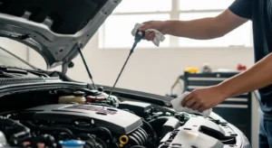Person checking car engine oil level using dipstick under open hood