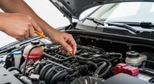 Person checking engine oil level with dipstick under car hood