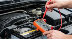 Testing car battery voltage with digital multimeter
