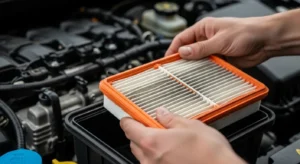 Mechanic inspecting dirty car engine air filter inside engine bay