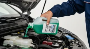 Adding engine coolant to car radiator reservoir under open hood