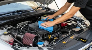 Cleaning car engine bay with microfiber cloth for maintenance