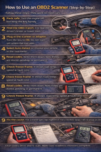 Realistic infographic demonstrating how to use an OBD2 scanner, including locating the OBD-II port under the dashboard, plugging in the scanner, turning the key to ON, reading stored and pending trouble codes, checking freeze frame data, viewing live sensor data, and clearing codes after repair.