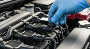 Mechanic removing ignition coil from car engine