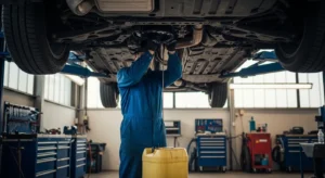 Mechanic draining old engine oil from car during oil change service