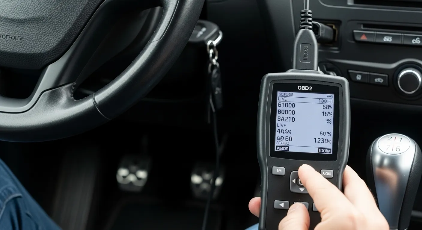 Handheld OBD2 scanner plugged into car diagnostic port under dashboard