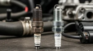 Old dirty spark plug compared to new spark plug