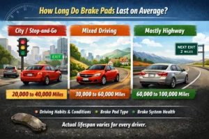 Infographic comparing average brake pad life for city driving, mixed driving, and mostly highway driving, showing mileage ranges from 20,000 to 100,000 miles