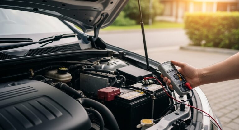Car with open hood and mechanic checking a weak car battery using a multimeter