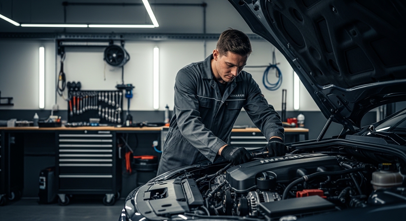 Mechanic inspecting a car engine thermostat while dashboard temperature gauge shows overheating warning.