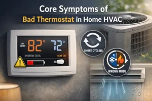 Wall thermostat showing warning signs and incorrect temperature settings illustrating common symptoms of a bad thermostat in a home HVAC system.