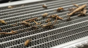 Clogged car radiator fins filled with debris causing engine overheating