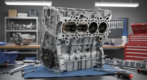 Close-up of damaged head gasket inside disassembled car engine