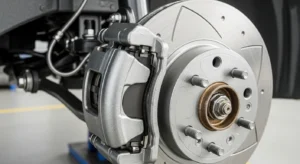 brake pads installed inside a car disc brake system with rotor and caliper visible