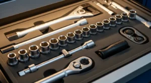 Organized tool drawer with breaker bar and sockets stored properly