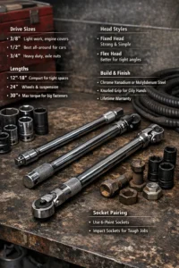 Realistic image of different breaker bars and sockets on a mechanic workbench showing various drive sizes, lengths, head styles, and materials used in automotive tools.