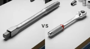 Comparison of breaker bar and ratchet wrench on a workbench
