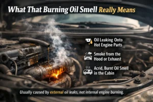 Close-up of a car engine with oil leaking onto a hot exhaust manifold, producing smoke and a burning oil smell inside the vehicle cabin