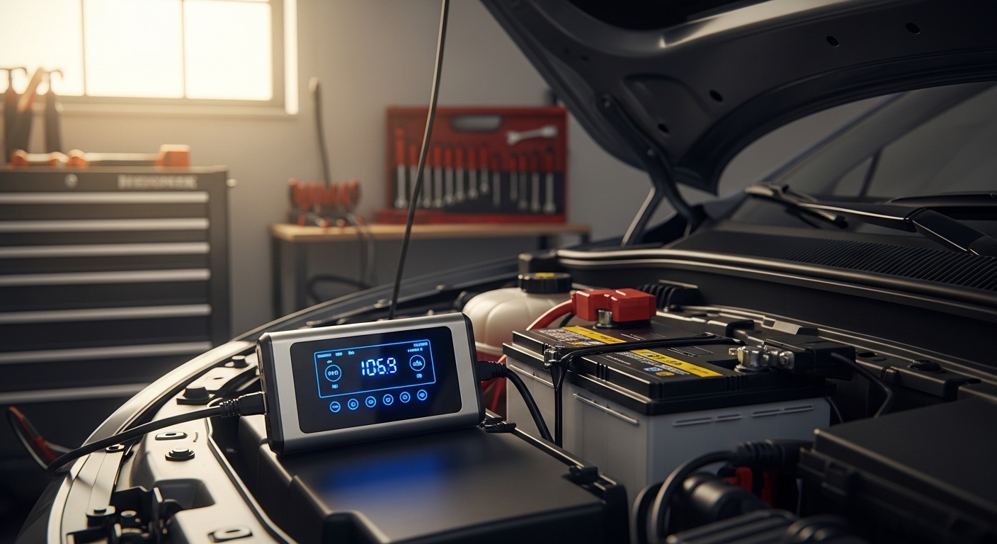 Modern smart car battery charger connected to a vehicle battery in a garage