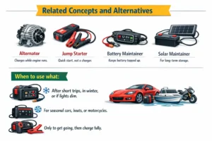 Infographic comparing car battery charger with alternator, jump starter, battery maintainer, and solar maintainer, including when to use each device for proper battery care