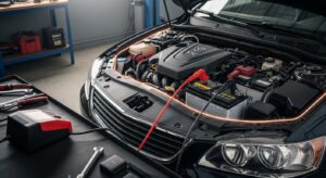 Car battery connected to charger with visible cables and charging process