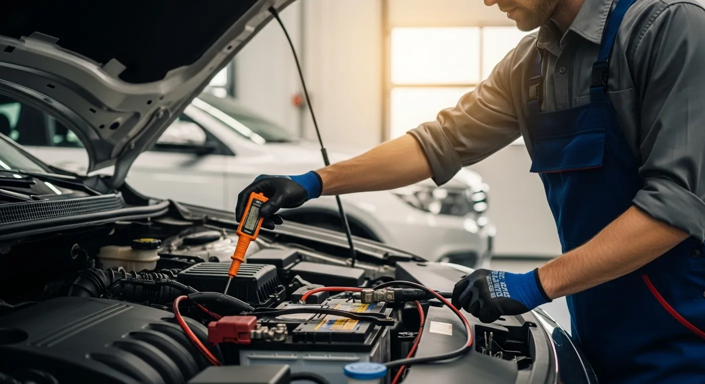 mechanic checking a modern car battery with diagnostic tool inside a garage