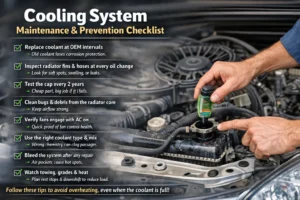 Mechanic checking car radiator coolant level while inspecting cooling system maintenance checklist to prevent engine overheating.