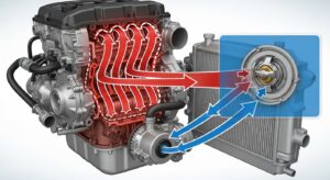 Engine cooling system diagram showing thermostat blocking coolant flow.