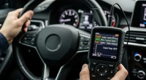 OBD2 diagnostic scanner showing engine trouble codes on screen
