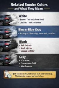 Infographic showing different car exhaust smoke colors—white, blue, black, and gray—with explanations of what each color indicates about engine problems