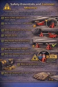Realistic infographic showing safe car lifting practices, including using proper jack points, adding jack stands on flat ground, chocking wheels, never working under a car supported only by a jack, checking weight ratings, and wearing safety gloves and eye protection.