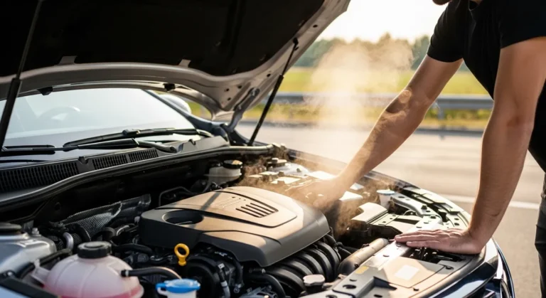 Driver inspecting an overheating car engine with a full coolant reservoir under the hood