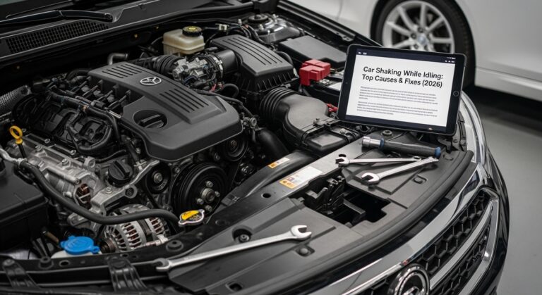 Car shaking while idling at traffic light with concerned driver inside