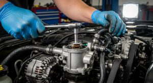 Mechanic removing thermostat housing from car engine during repair.