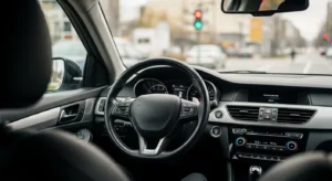 Car interior showing steering wheel vibration while idling at stoplight