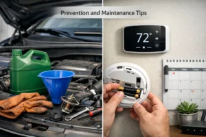 Car cooling system maintenance tools and home thermostat battery replacement showing prevention and maintenance tips for thermostats.