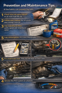 Realistic infographic showing engine oil checks with a dipstick, quality oil and filter selection, tracking oil consumption in a notebook and phone app, fixing oil leaks under the car, servicing the PCV system, and warming up the engine gently to prevent damage.