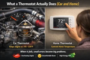 Split image showing a car engine thermostat controlling coolant temperature and a home wall thermostat controlling indoor heating and cooling.