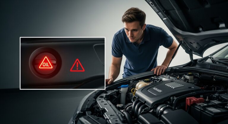Realistic infographic showing how to check engine oil level with a dipstick, inspect oil condition (amber, dark, milky), top up oil correctly, and look for leaks under the car around the oil filter, drain plug, and oil pan.