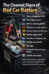 Corroded car battery with jumper clamps showing common signs of a bad car battery like slow start, dim lights, and electrical issues